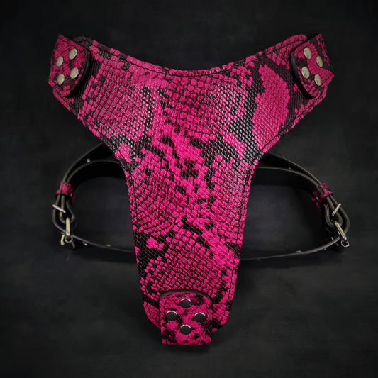 Pink and black patterned harness on a black background 