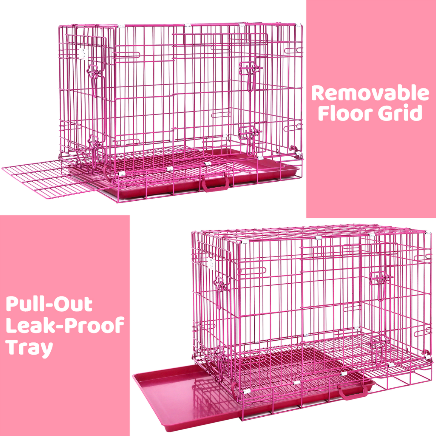Pink wire pet crate with removable floor grid and pull-out leak-proof tray on a white background.