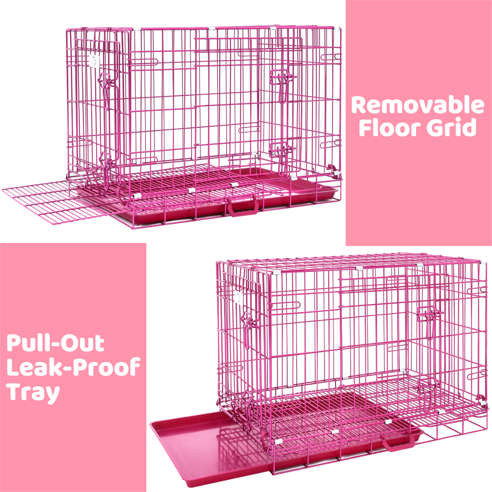 Pink wire pet crate with removable floor grid and pull-out leak-proof tray on a white background.