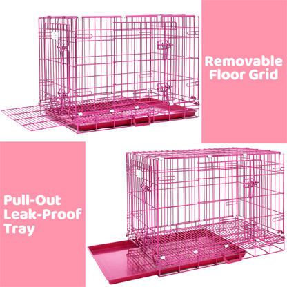 Pink wire pet crate with removable floor grid and pull-out leak-proof tray on a white background.