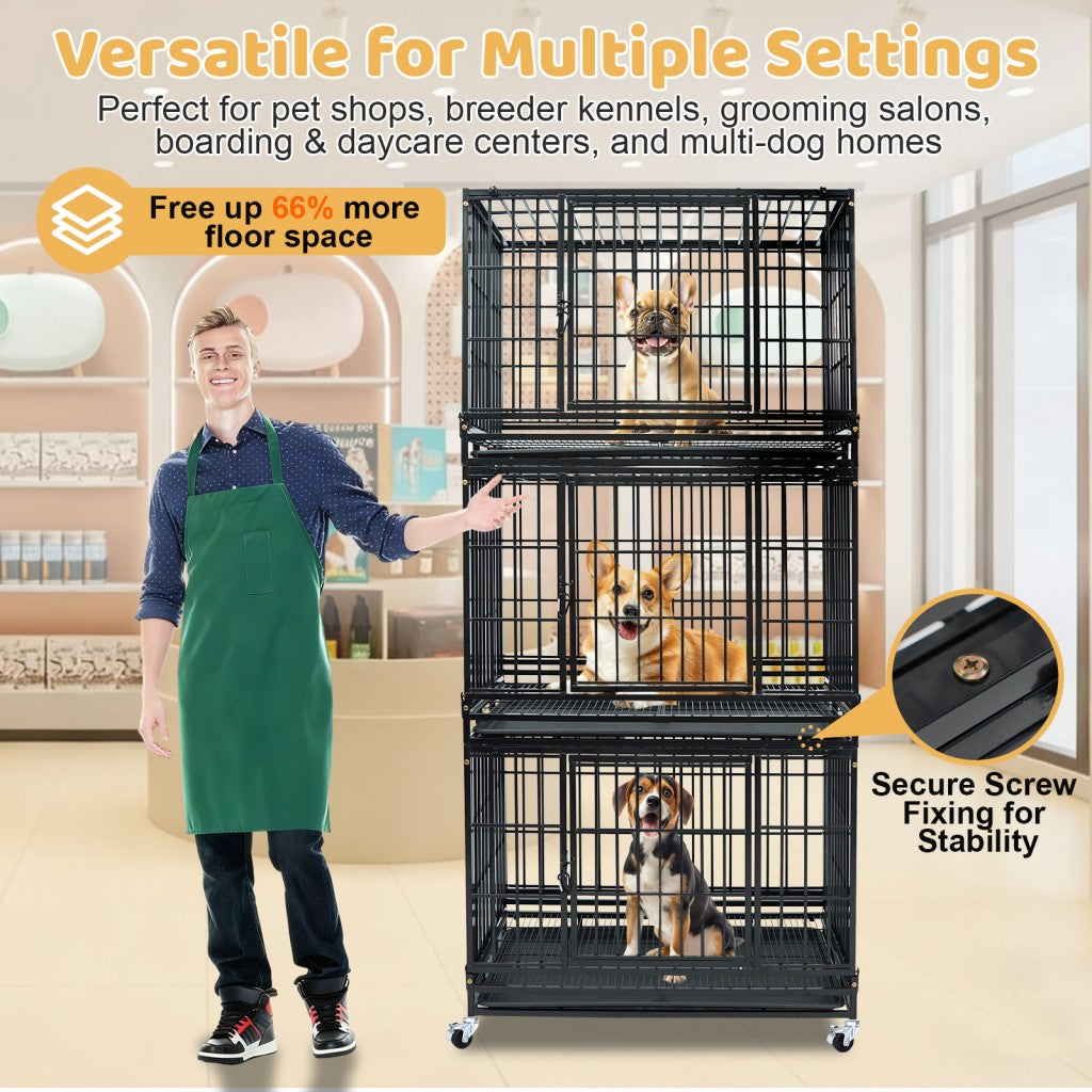 Dog crates stacked with a person in a green apron, suitable for pet shops and breeding kennels.