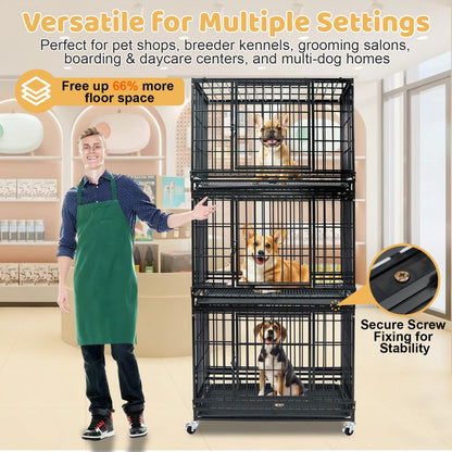 Dog crates stacked with a person in a green apron, suitable for pet shops and breeding kennels.