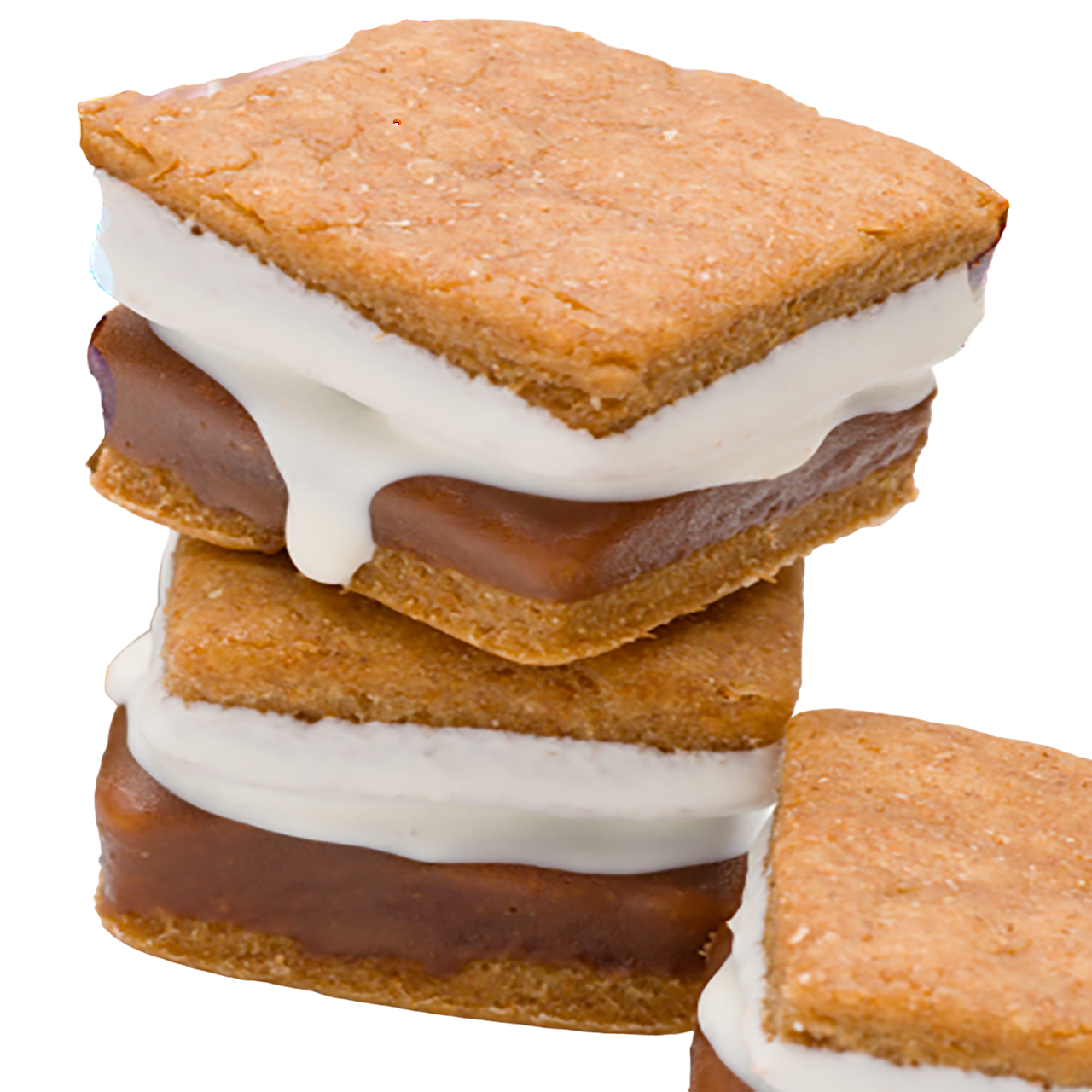 Stack of s'mores with graham crackers, chocolate, and marshmallow on a white background