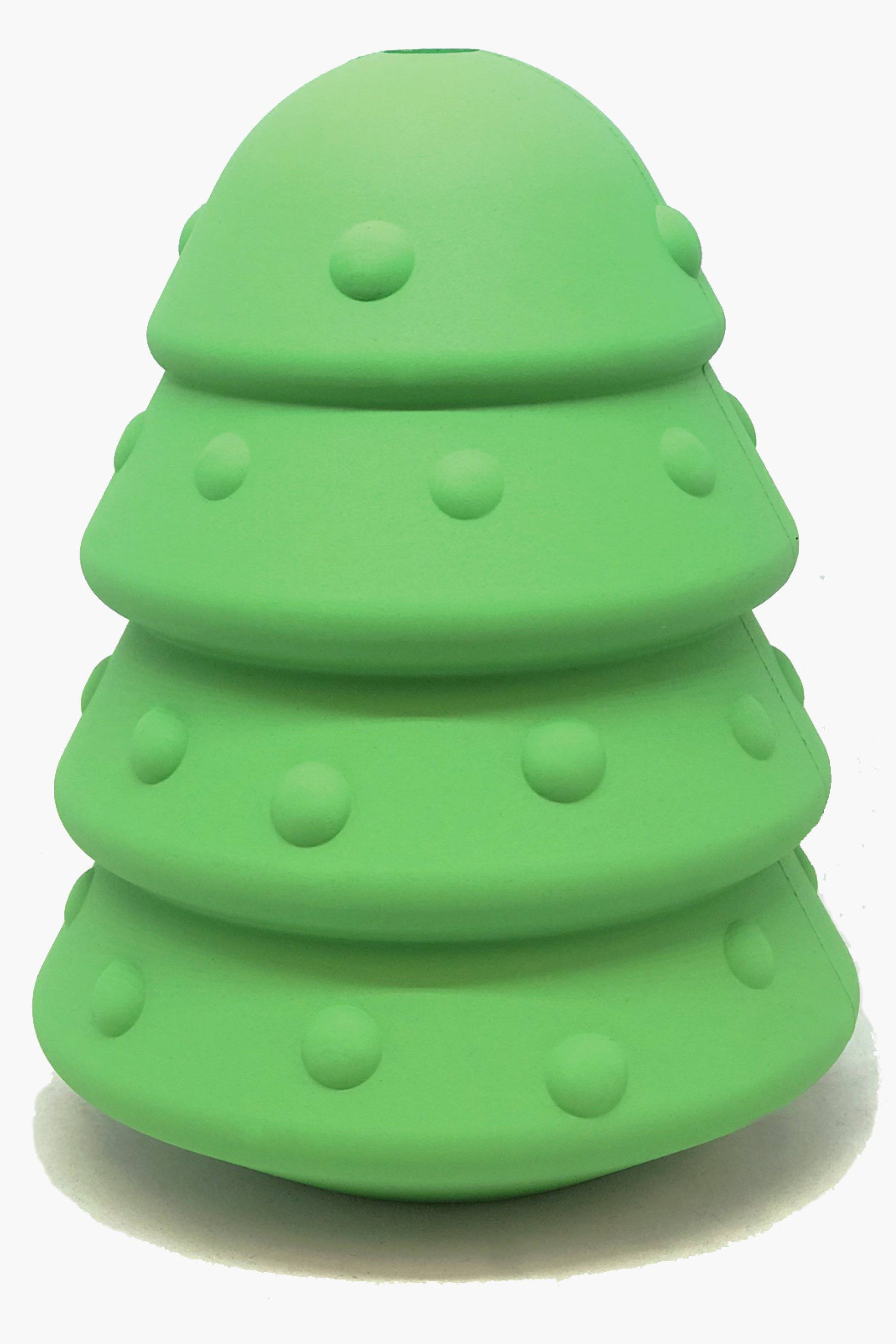 Green tree-shaped toy with bumps on a white background
