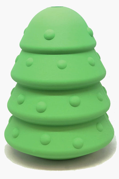 Green tree-shaped toy with bumps on a white background