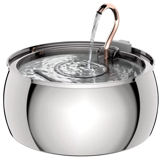 Stainless steel filtered pet water fountain with rose gold faucet on a white background.