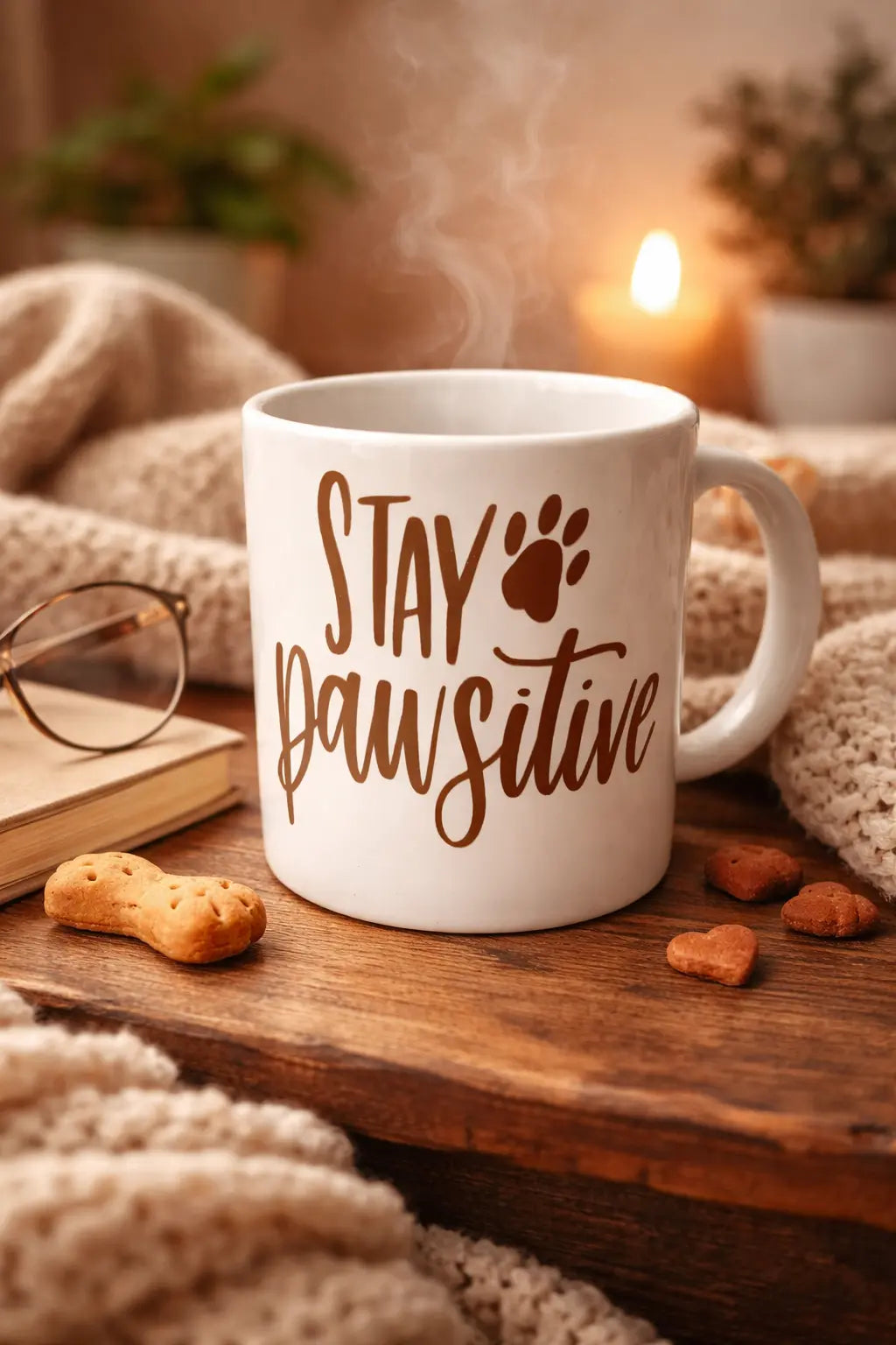 White mug with 'Stay Pawsitive' text on a wooden surface with a candle and dog treats.