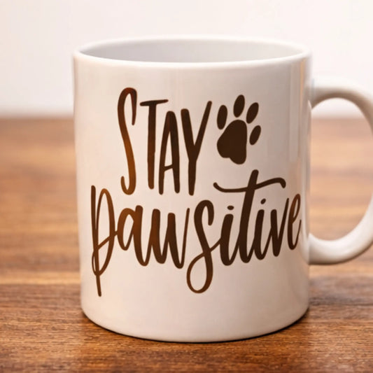 White mug with 'Stay Pawsitive' text on a wooden surface
