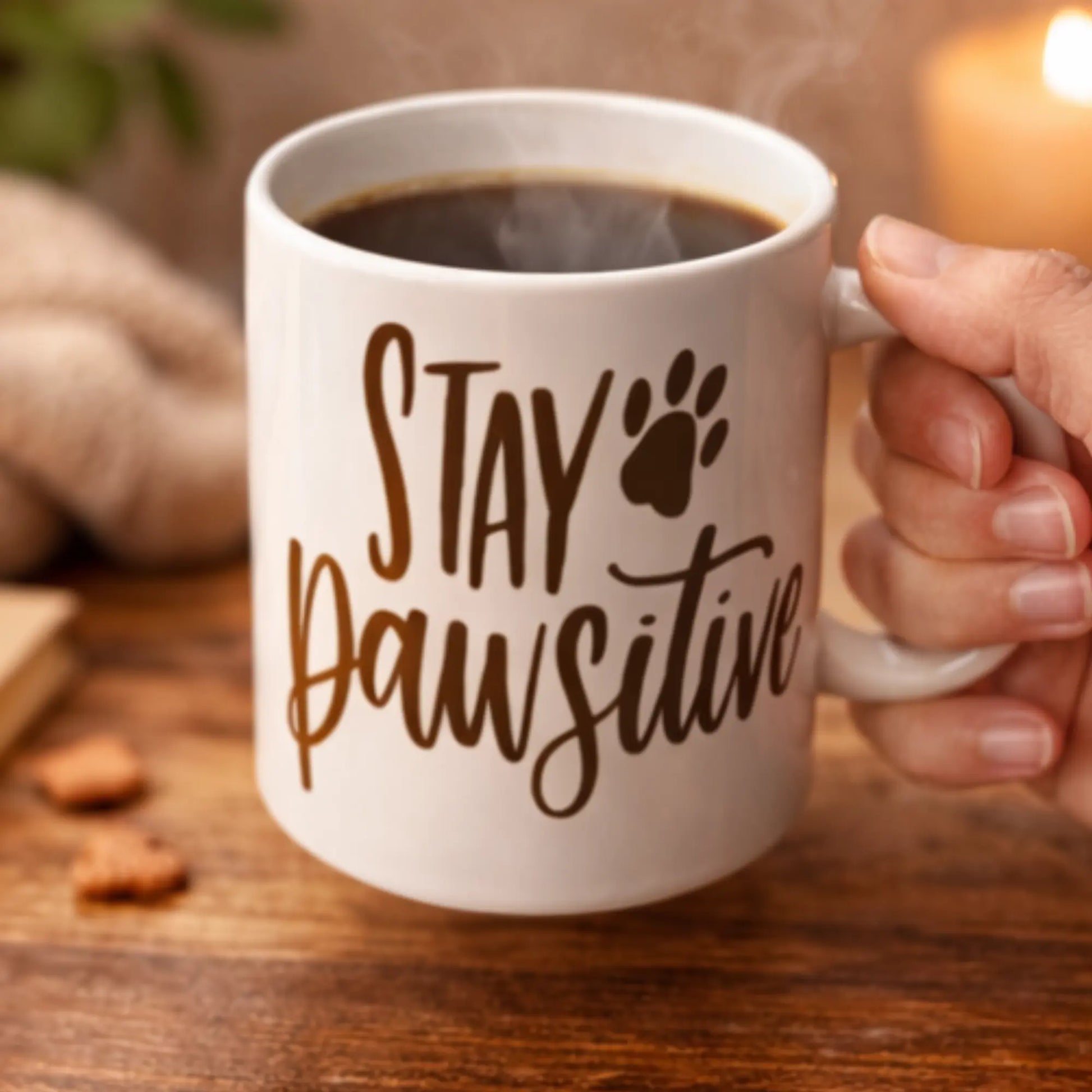 White mug with 'Stay Pawsitive' text held by a hand on a wooden surface.
