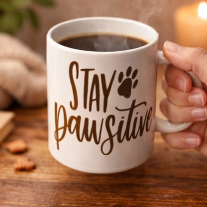 White mug with 'Stay Pawsitive' text held by a hand on a wooden surface.