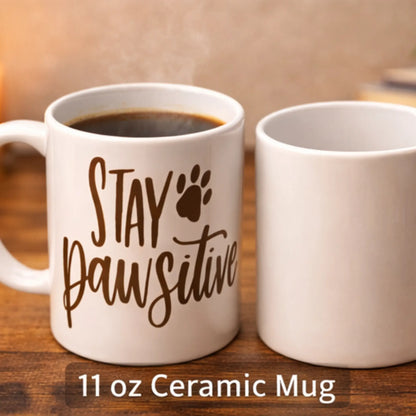 White ceramic mug with 'Stay Pawsitive' text and a paw print on a wooden surface.