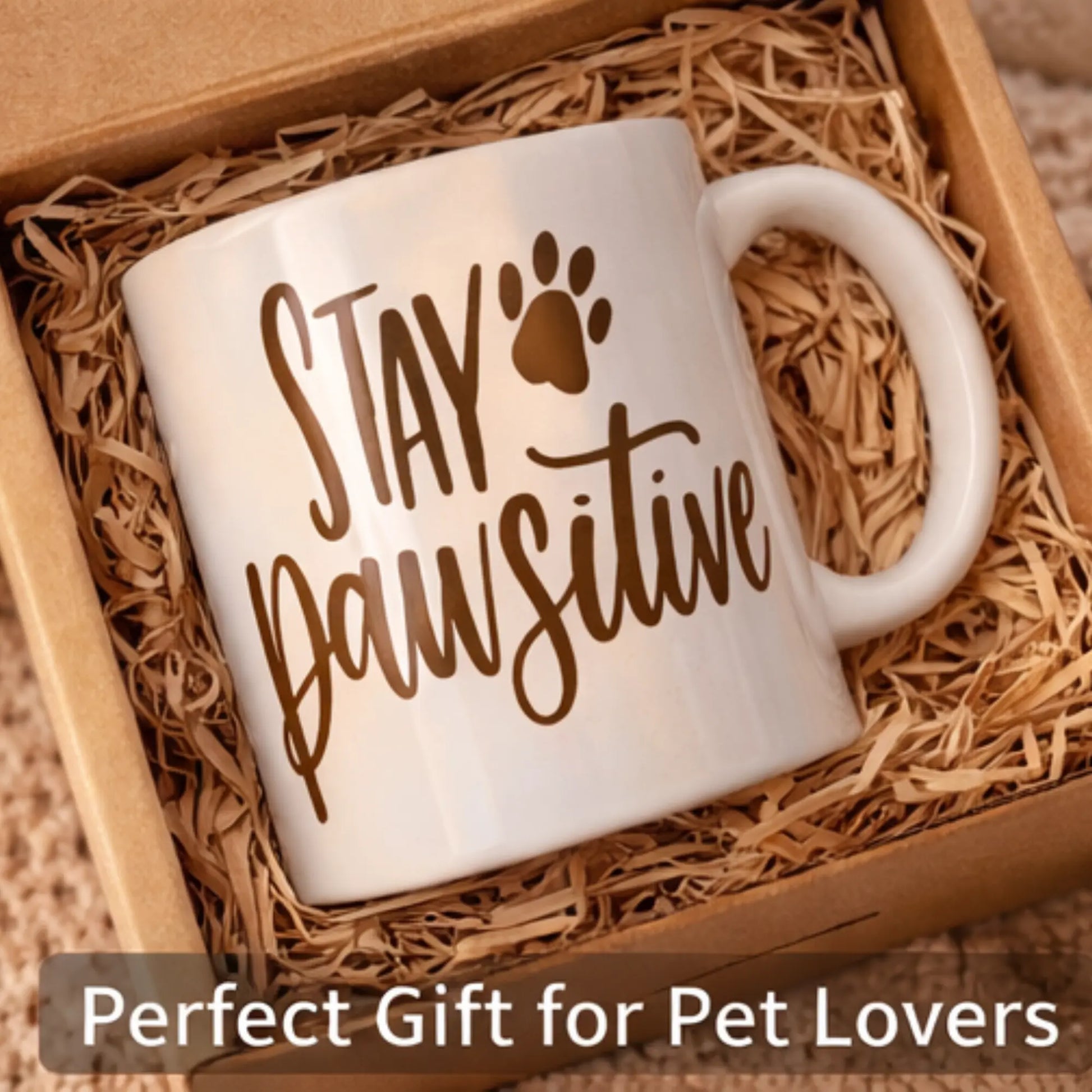 White mug with 'Stay Dawsitive' text in a brown box