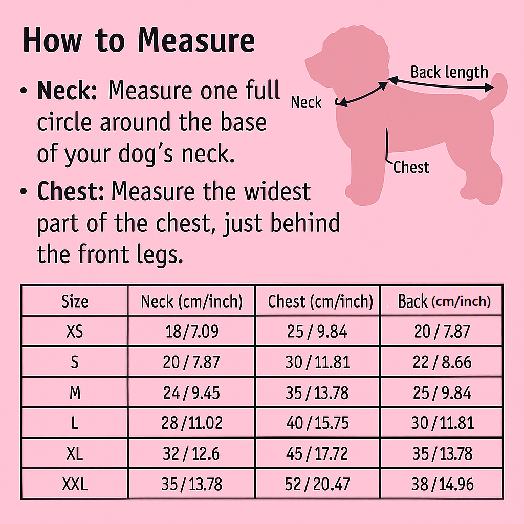 Instructions on how to measure a dog for a coat size chart with a pink background.