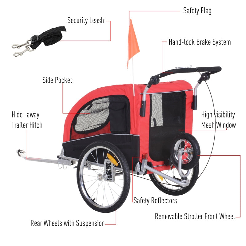 Red and black pet bike trailer with labeled features on a white background