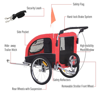 Red and black pet bike trailer with labeled features on a white background