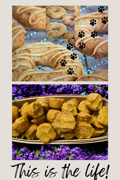 Collage of dog treats with paw prints and text 'This is the life!'