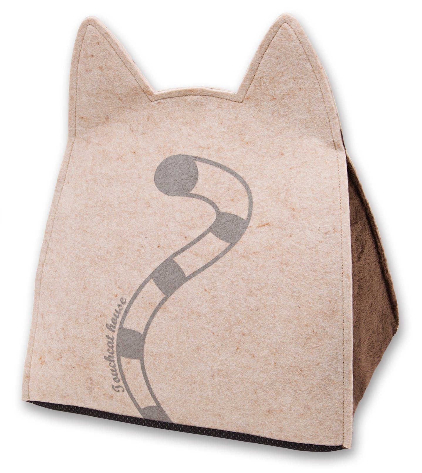 Beige cat-shaped towel with a logo on a white background
