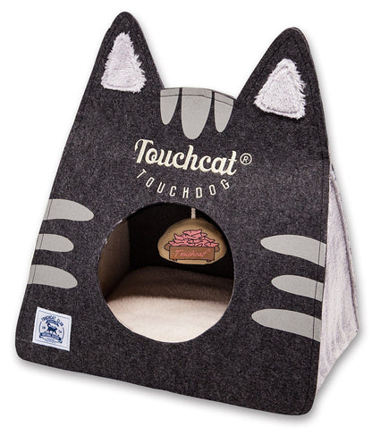Cat-shaped pet bed with 'Touchcat' branding on a white background