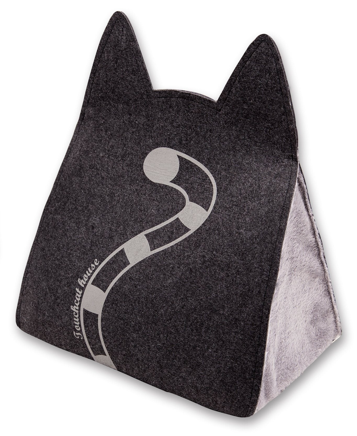 Black and gray wedge-shaped pillow with cat ears and a logo on a white background