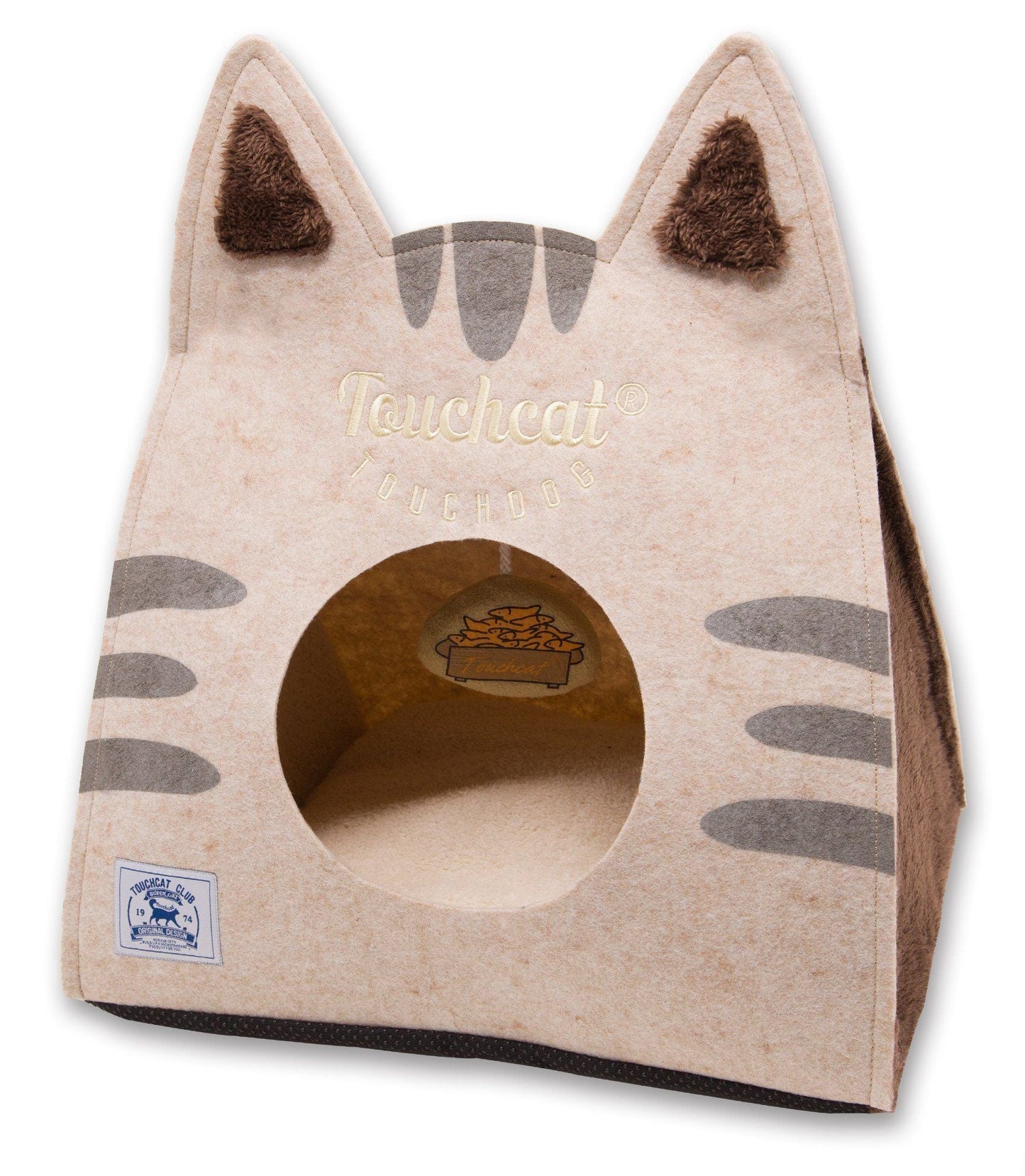 Cat-shaped pet bed with 'Touchcat' branding on a white background