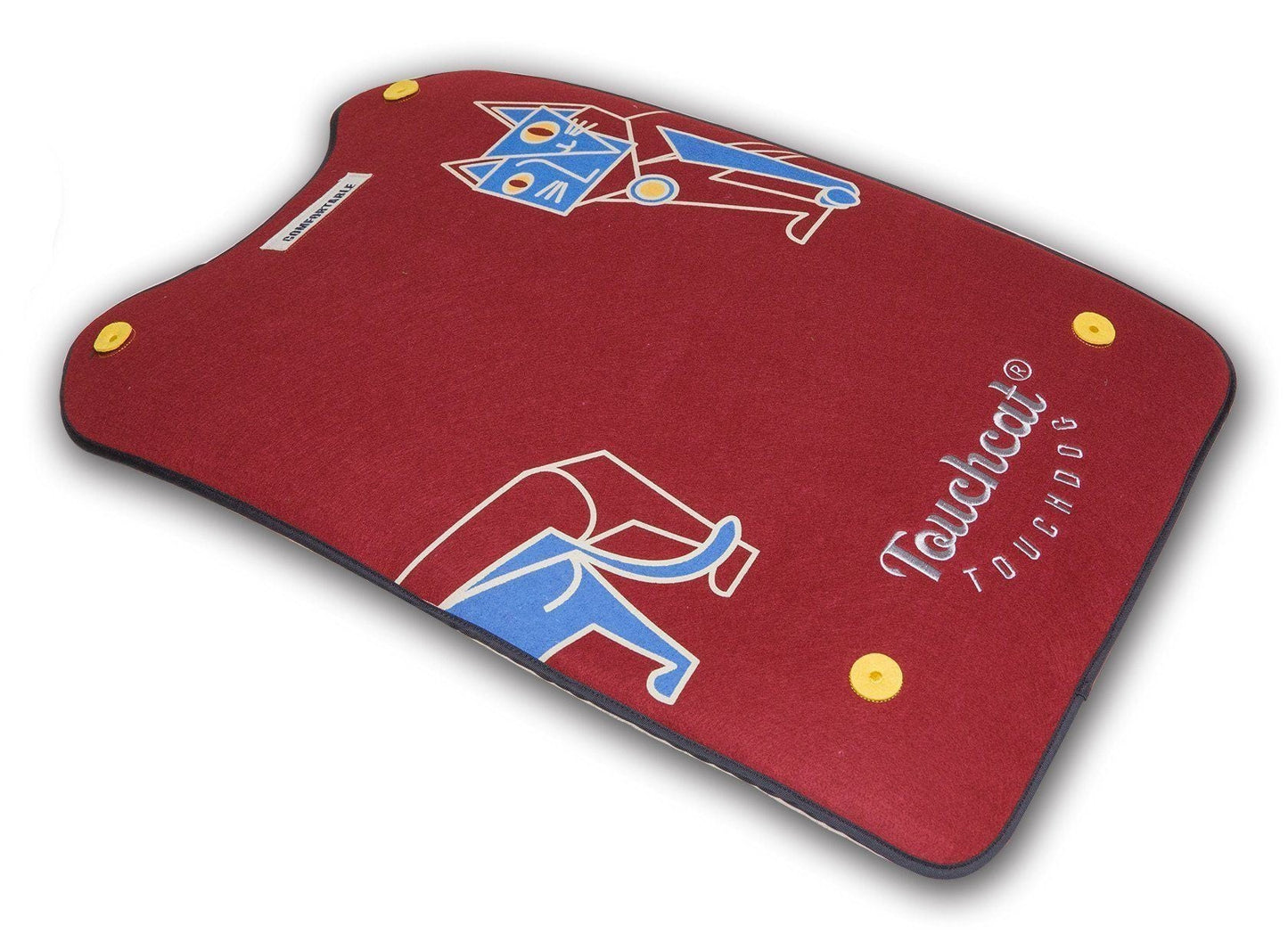 Red touchmat with blue and white graphics on a white background