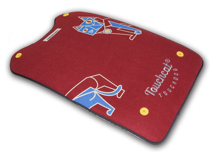 Red touchmat with blue and white graphics on a white background