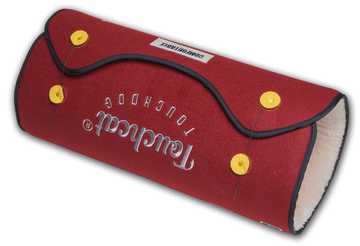 Red dog toy with 'Touchdog' branding on a white background