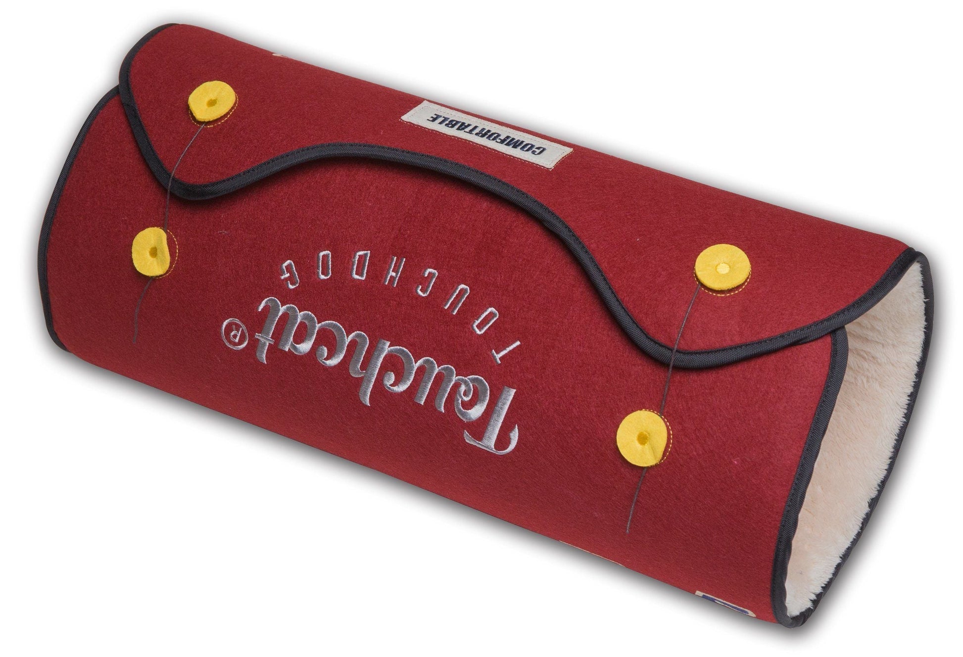 Red dog toy with 'Touchdog' branding on a white background