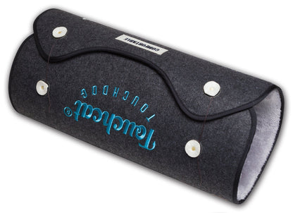 Folding knife with a black sheath featuring the brand name on a white background