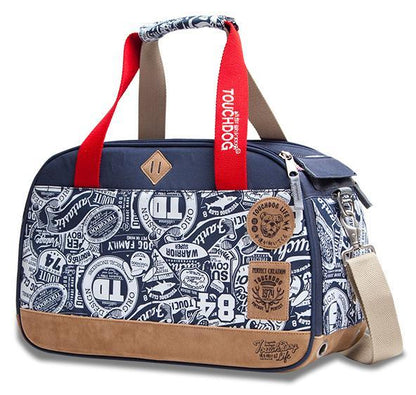 Designer handbag with a patterned design and red handle on a white background