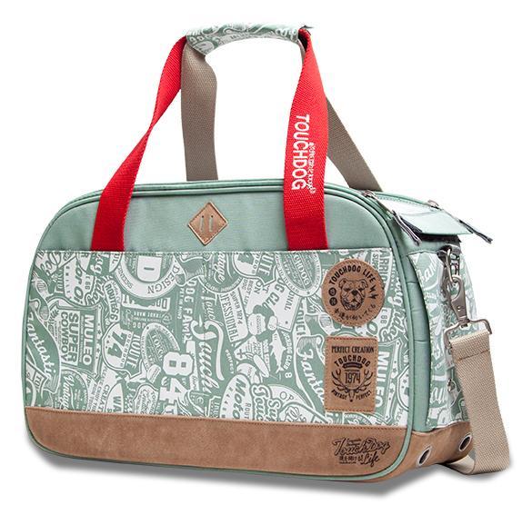 Pet carrier with red handle and patterned design on a white background