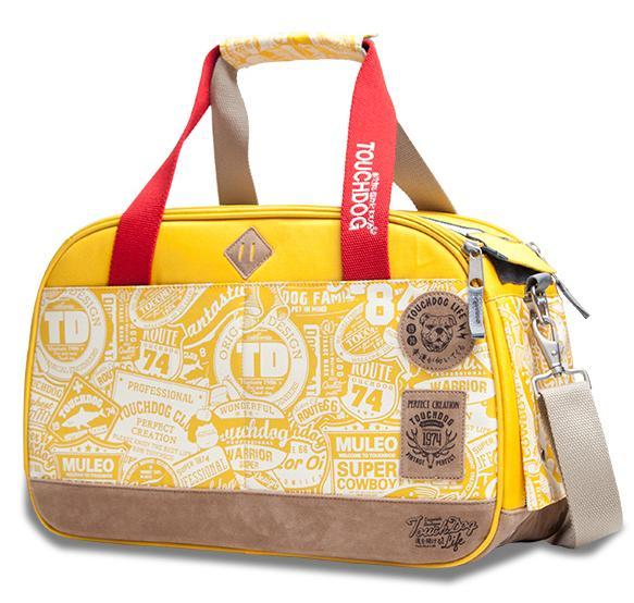 Yellow duffel bag with red handles and multiple brand logos on a white background