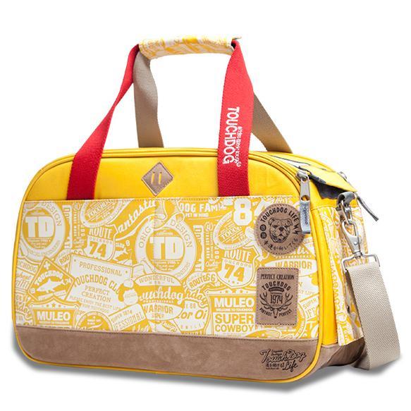 Yellow duffel bag with red handles and multiple brand logos on a white background