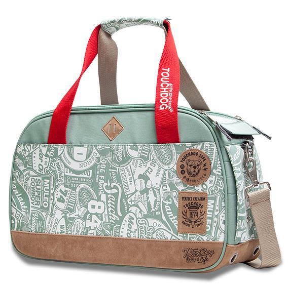 Green patterned bag with red handles and brown accents on a white background