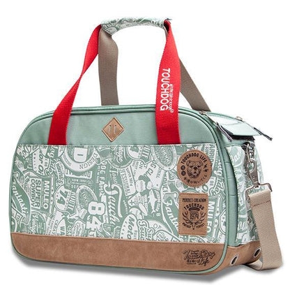 Green patterned bag with red handles and brown accents on a white background