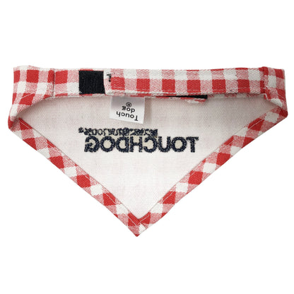 Red and white checkered bandana with 'Touchdog' branding on a white background