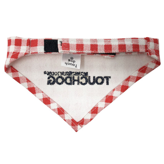 Red and white checkered bandana with 'Touchdog' branding on a white background