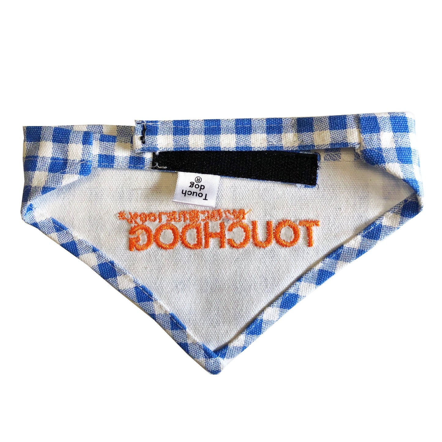 Blue and white checkered bandana with orange text on a white background