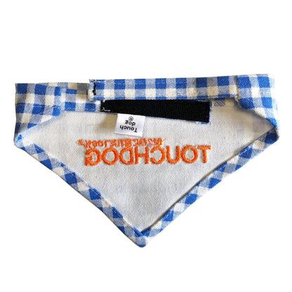 Blue and white checkered bandana with orange text on a white background