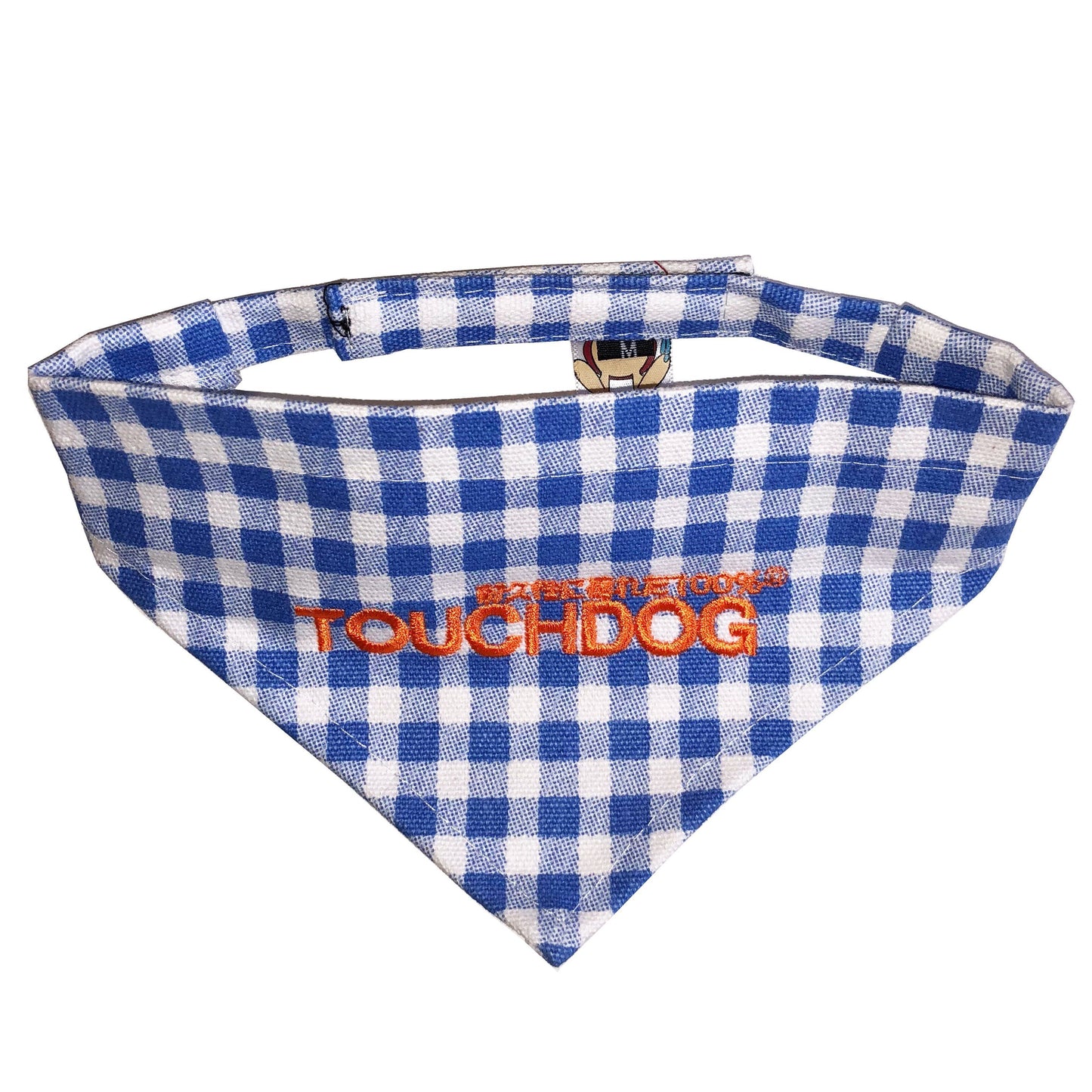 Blue and white checkered bandana with 'TOUCHDOG' branding on a white background