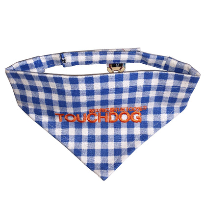 Blue and white checkered bandana with 'TOUCHDOG' branding on a white background