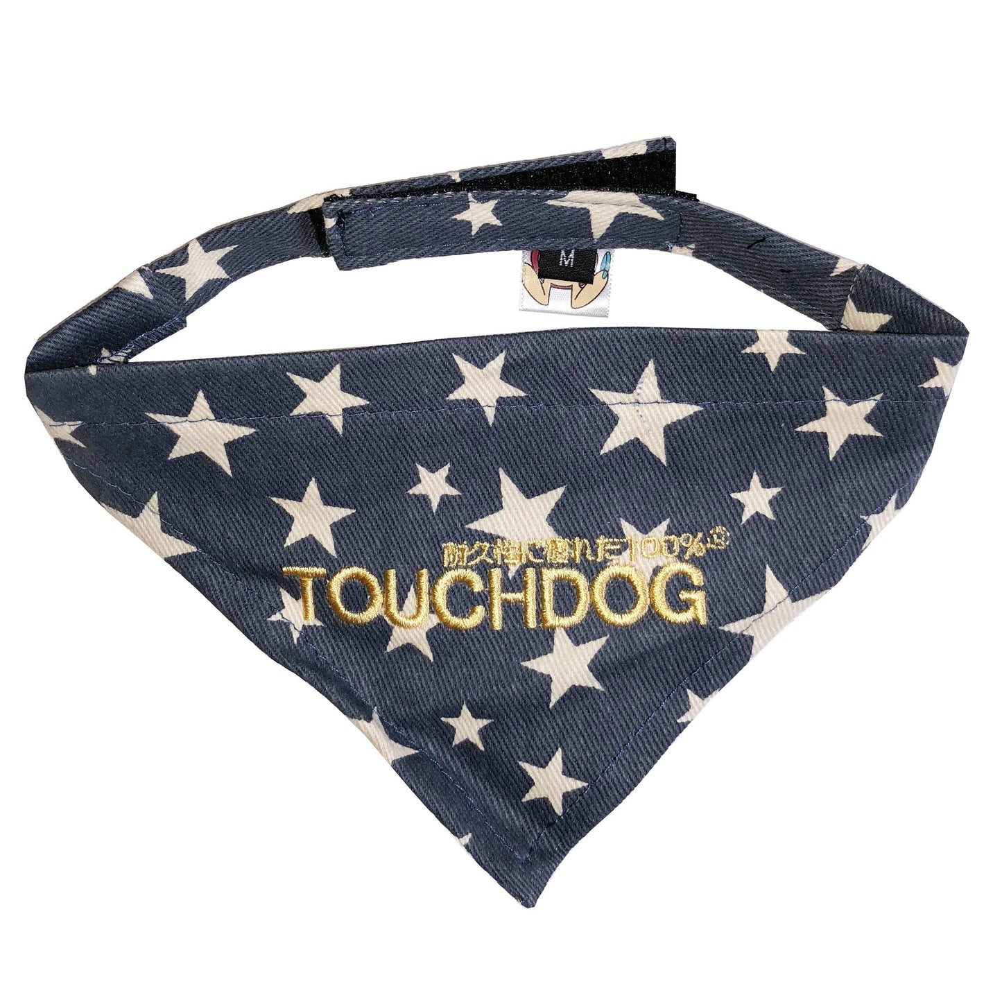Navy blue bandana with white star pattern and 'TOUCHDOG' branding on a white background