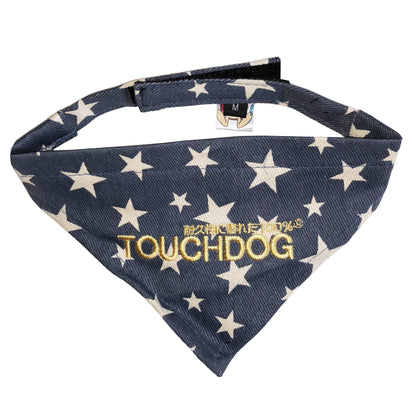 Navy blue bandana with white star pattern and 'TOUCHDOG' branding on a white background