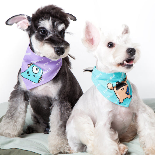 Two dogs wearing colorful bandanas with cartoon designs on a white background