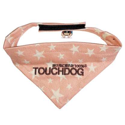Pink star-patterned dog bandana with 'TOUCHDOG' branding on a white background