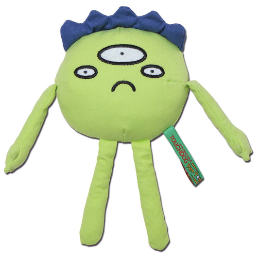 Green plush toy with blue hair on a white background
