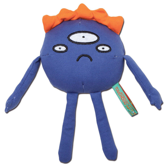 Blue plush toy with orange hair on a white background