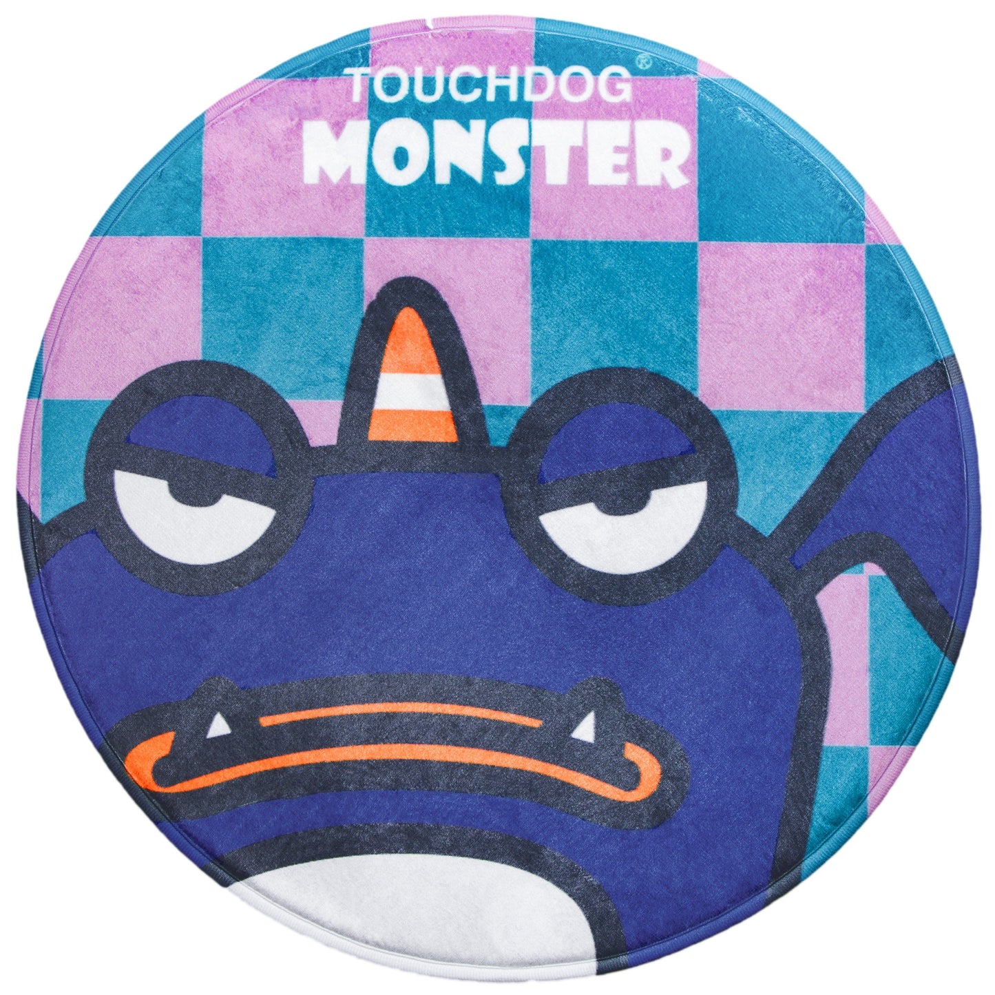 Round product with cartoon monster design and 'Touchdog Monster' branding on a checkered background
