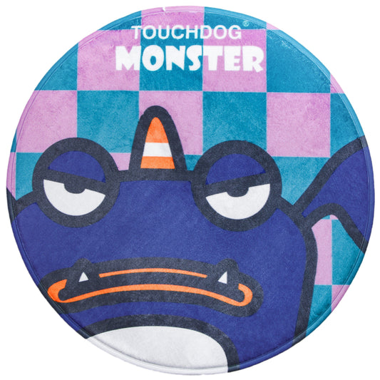 Round product with cartoon monster design and 'Touchdog Monster' branding on a checkered background