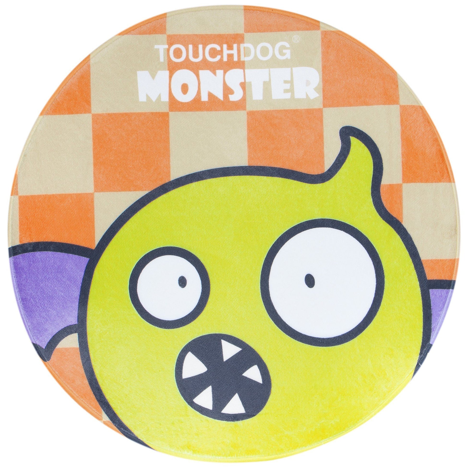 Round product with a cartoon monster design and 'Touchdog Monster' text on a checkered background